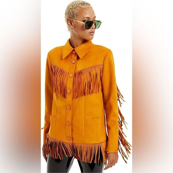 DANIELLE BERNSTEIN NWT Boho Fringed Faux Suede Jacket Camel Size XS Coachella - Picture 6 of 11
